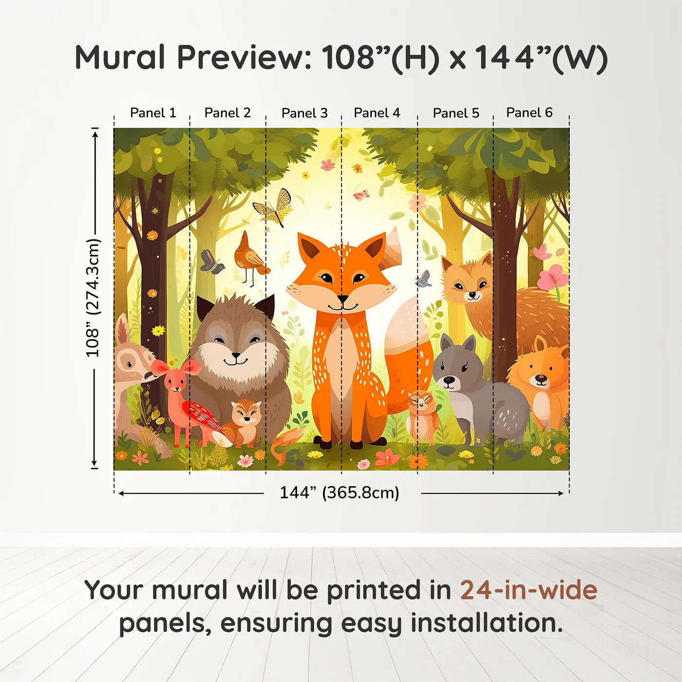 Whimsy Tots Happy Woodland Gathering Wall Muraldimension view (108" H x 144" W). Printed in six 24-inch-wide panels. Gender-Neutral