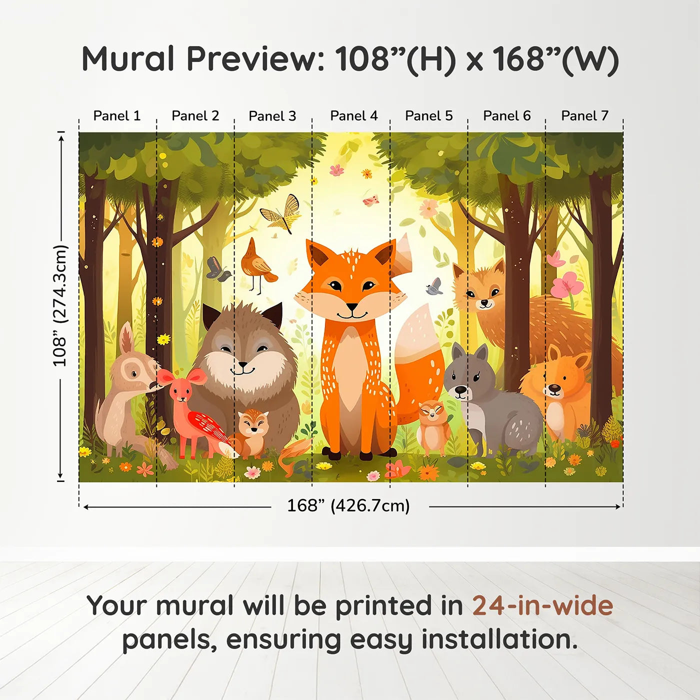 Whimsy Tots Happy Woodland Gathering Wall Muraldimension view (108" H x 168" W). Printed in seven 24-inch-wide panels. Gender-Neutral