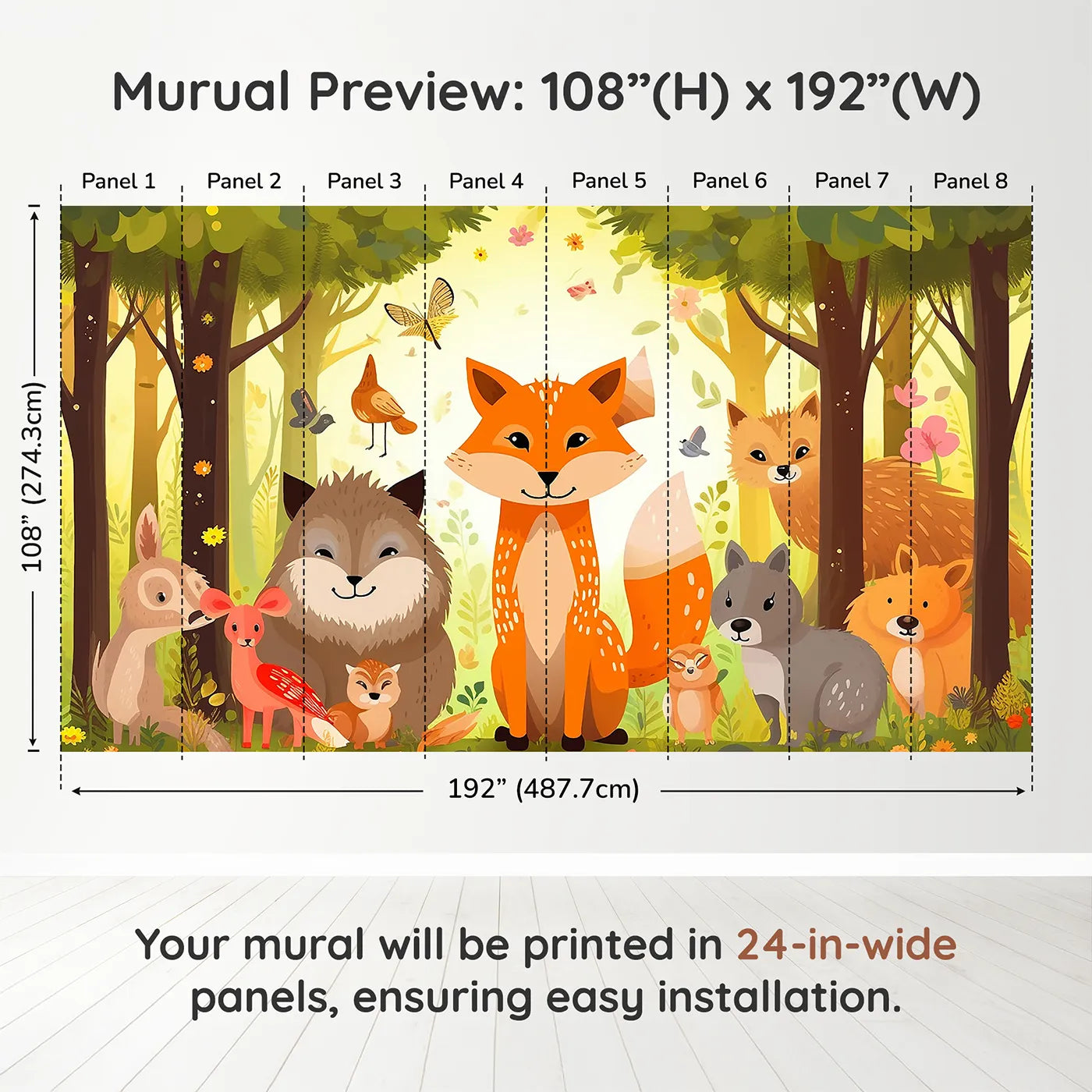 Whimsy Tots Happy Woodland Gathering Wall Muraldimension view (108" H x 192" W). Printed in eight 24-inch-wide panels. Gender-Neutral