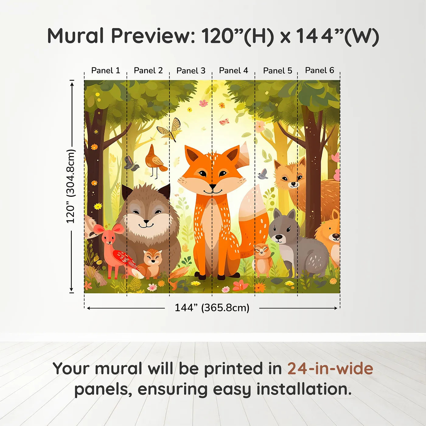 Whimsy Tots Happy Woodland Gathering Wall Muraldimension view (120" H x 144" W). Printed in six 24-inch-wide panels. Gender-Neutral