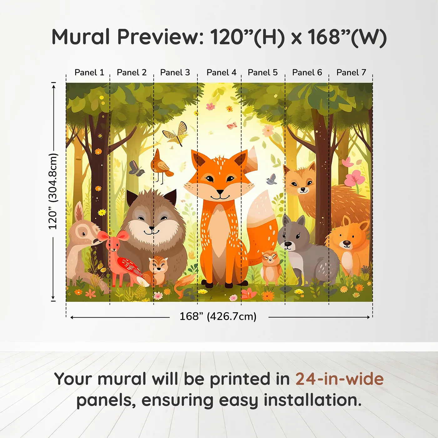 Whimsy Tots Happy Woodland Gathering Wall Muraldimension view (120" H x 168" W). Printed in seven 24-inch-wide panels. Gender-Neutral