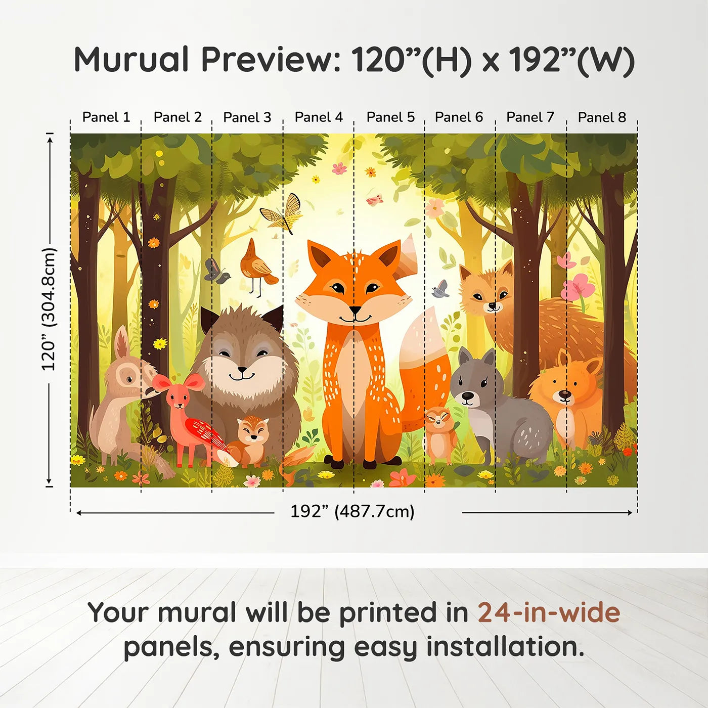 Whimsy Tots Happy Woodland Gathering Wall Muraldimension view (120" H x 192" W). Printed in eight 24-inch-wide panels. Gender-Neutral