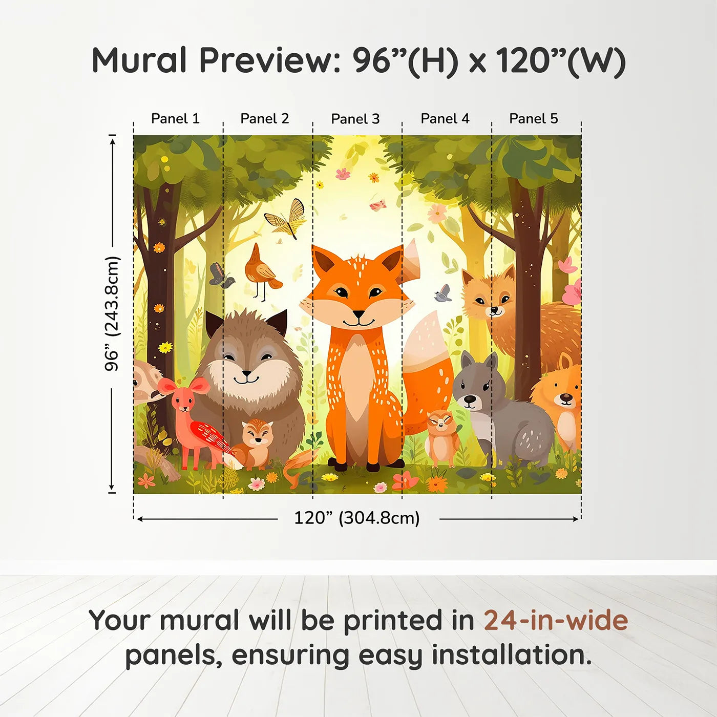 Whimsy Tots Happy Woodland Gathering Wall Muraldimension view (96" H x 120" W). Printed in five 24-inch-wide panels. Gender-Neutral