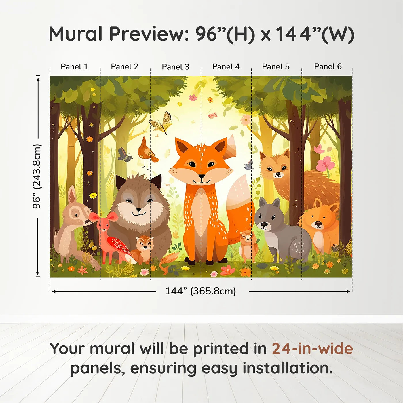 Whimsy Tots Happy Woodland Gathering Wall Muraldimension view (96" H x 144" W). Printed in six 24-inch-wide panels. Gender-Neutral