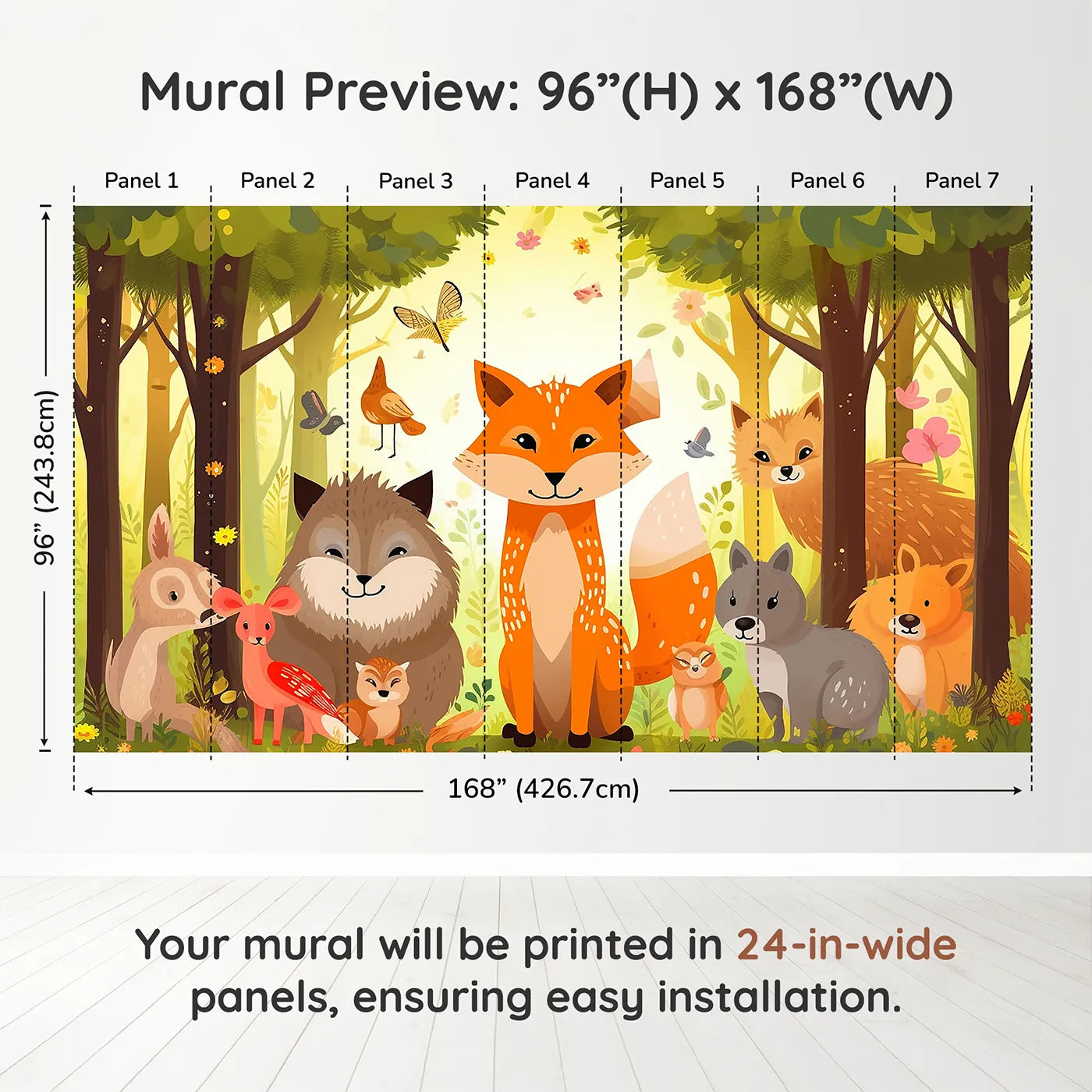 Whimsy Tots Happy Woodland Gathering Wall Muraldimension view (96" H x 168" W). Printed in seven 24-inch-wide panels. Gender-Neutral