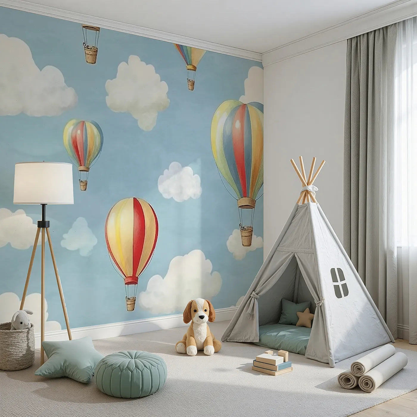 Angled view of Whimsy Tots' Watercolor Hot Air Balloons Wall Mural (Turn Their Room into a Sky Full of Gentle, Painted Dreams).Gender-Neutral