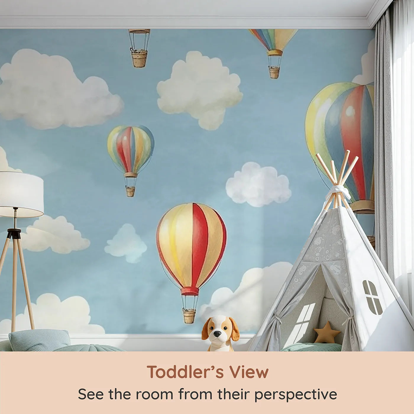 Whimsy Tots Watercolor Hot Air Balloons Wall Mural (Turn Their Room into a Sky Full of Gentle, Painted Dreams) from your child's view.Gender-Neutral