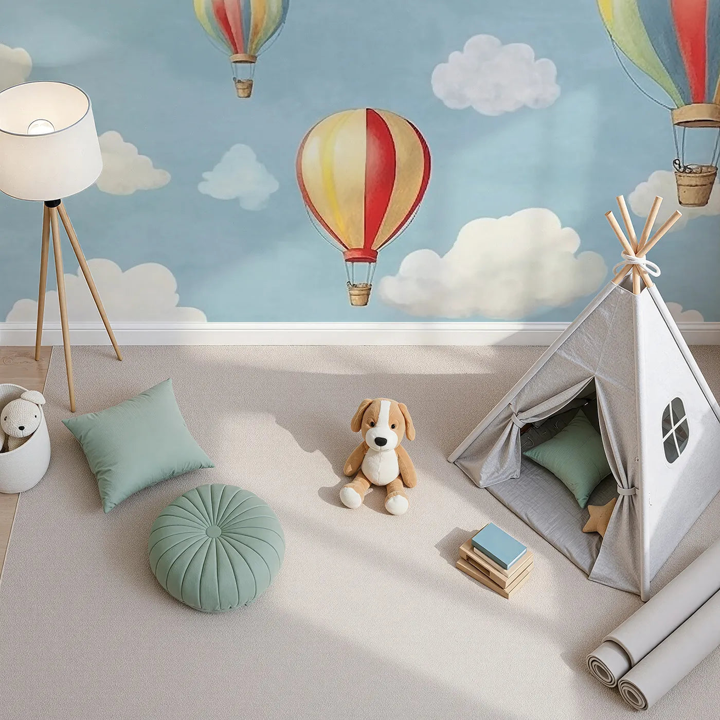 Top-down view of Whimsy Tots' Watercolor Hot Air Balloons Wall Mural (Turn Their Room into a Sky Full of Gentle, Painted Dreams).Gender-Neutral