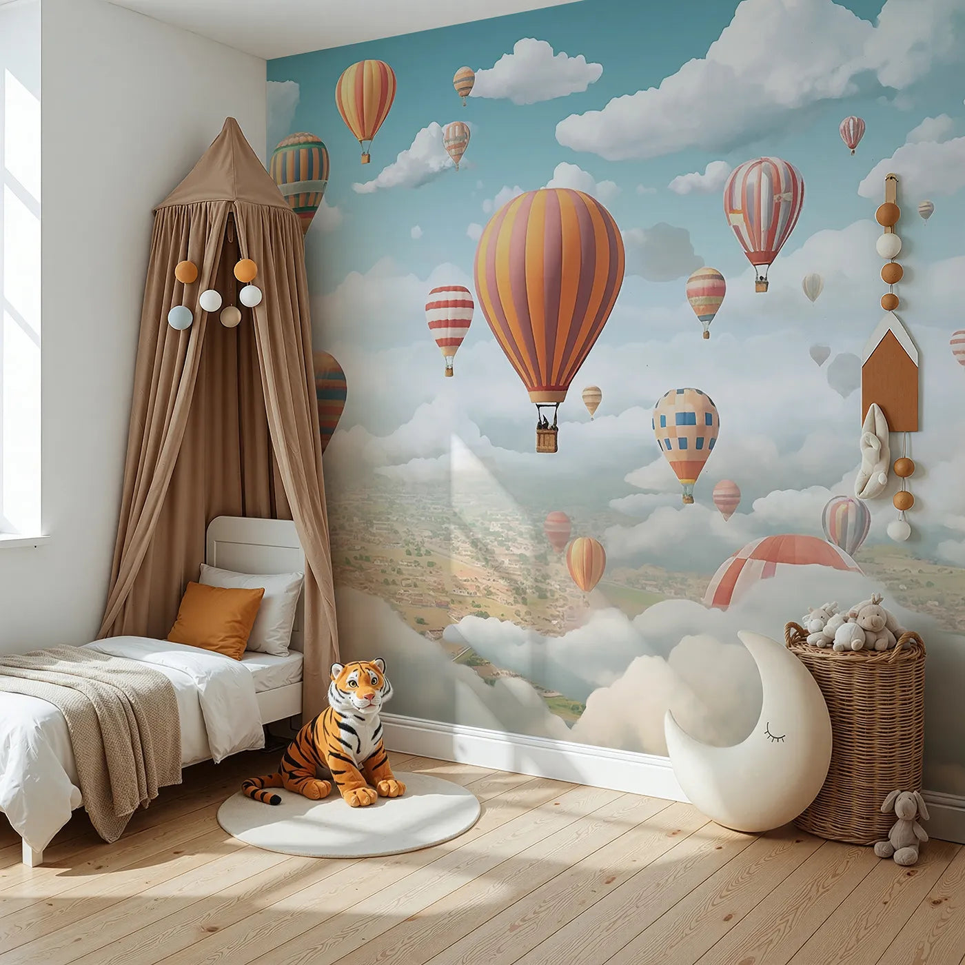 Angled view of Whimsy Tots' Hot Air Balloon Rally Wall Mural (Turn Their Room into a Breathtaking, High-Flying Festival).Gender-Neutral