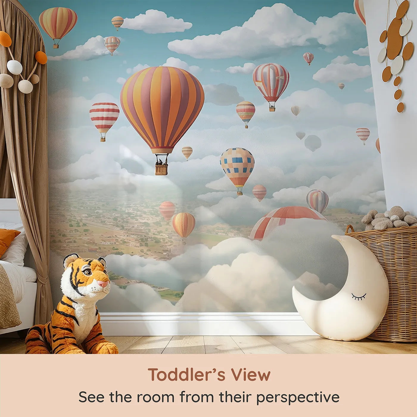 Whimsy Tots Hot Air Balloon Rally Wall Mural (Turn Their Room into a Breathtaking, High-Flying Festival) from your child's view.Gender-Neutral