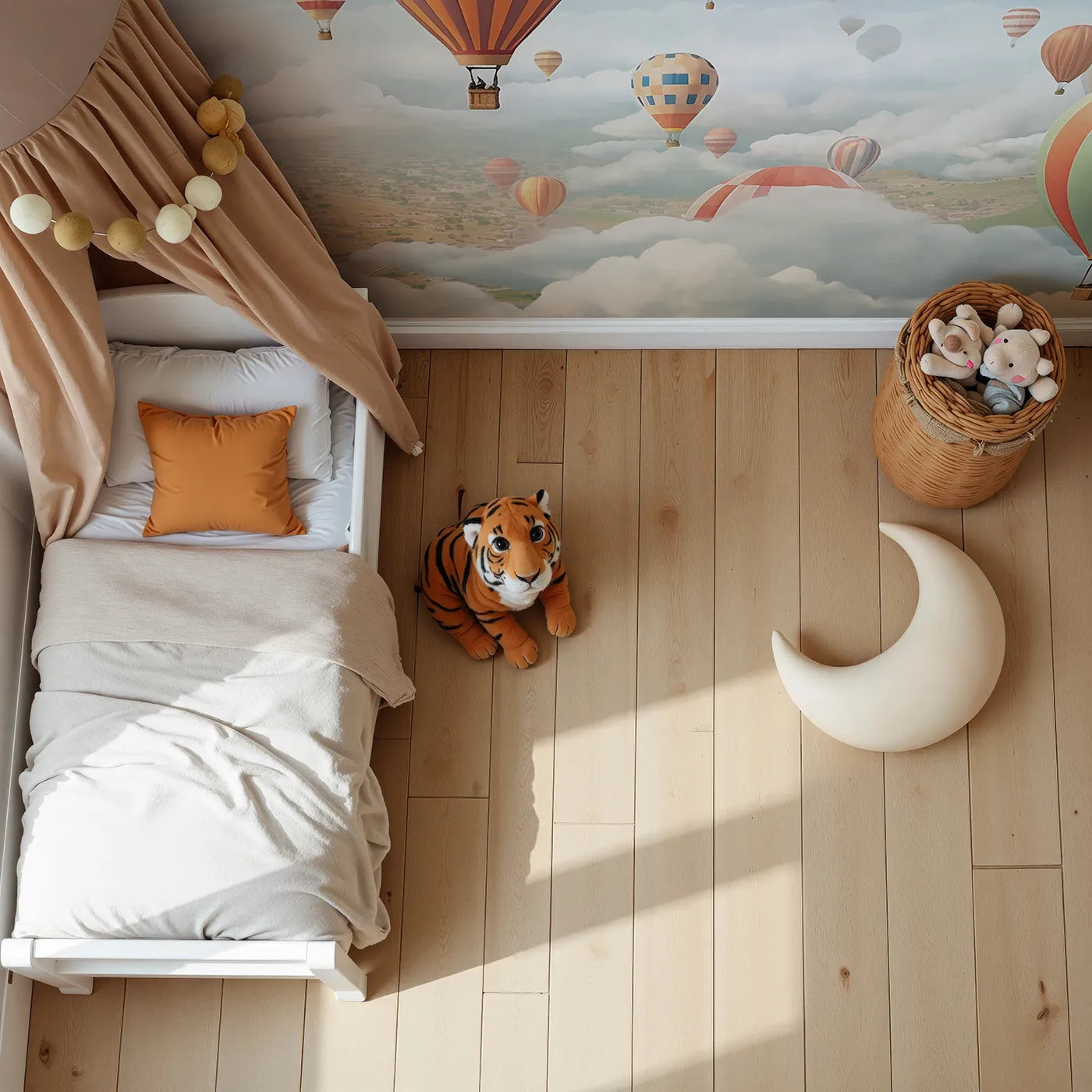 Top-down view of Whimsy Tots' Hot Air Balloon Rally Wall Mural (Turn Their Room into a Breathtaking, High-Flying Festival).Gender-Neutral