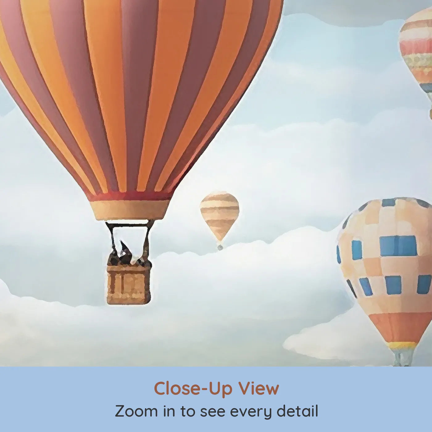 Close-up view of Whimsy Tots' Hot Air Balloon Rally Wall Mural (Turn Their Room into a Breathtaking, High-Flying Festival).Gender-Neutral