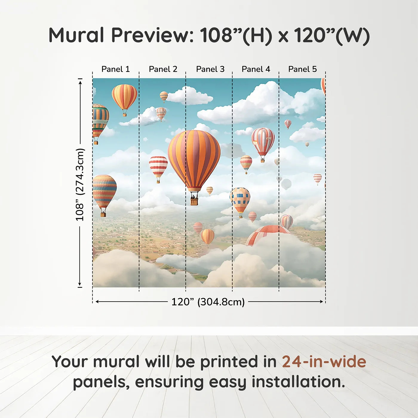 Whimsy Tots Hot Air Balloon Rally Wall Muraldimension view (108" H x 120" W). Printed in five 24-inch-wide panels. Gender-Neutral