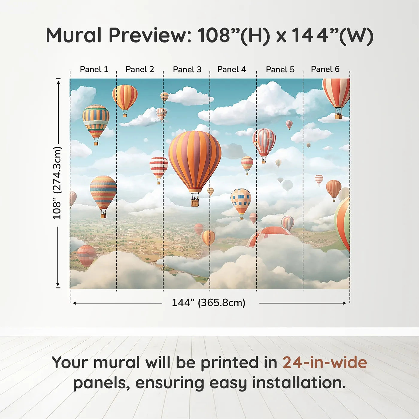 Whimsy Tots Hot Air Balloon Rally Wall Muraldimension view (108" H x 144" W). Printed in six 24-inch-wide panels. Gender-Neutral