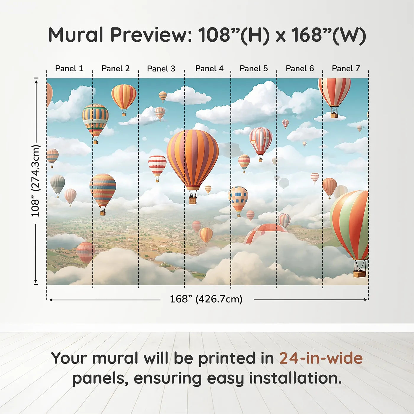 Whimsy Tots Hot Air Balloon Rally Wall Muraldimension view (108" H x 168" W). Printed in seven 24-inch-wide panels. Gender-Neutral