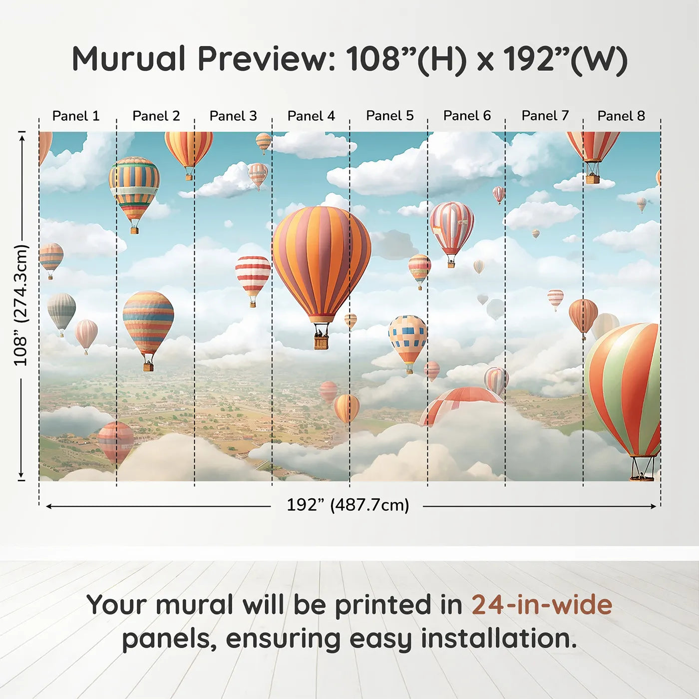 Whimsy Tots Hot Air Balloon Rally Wall Muraldimension view (108" H x 192" W). Printed in eight 24-inch-wide panels. Gender-Neutral