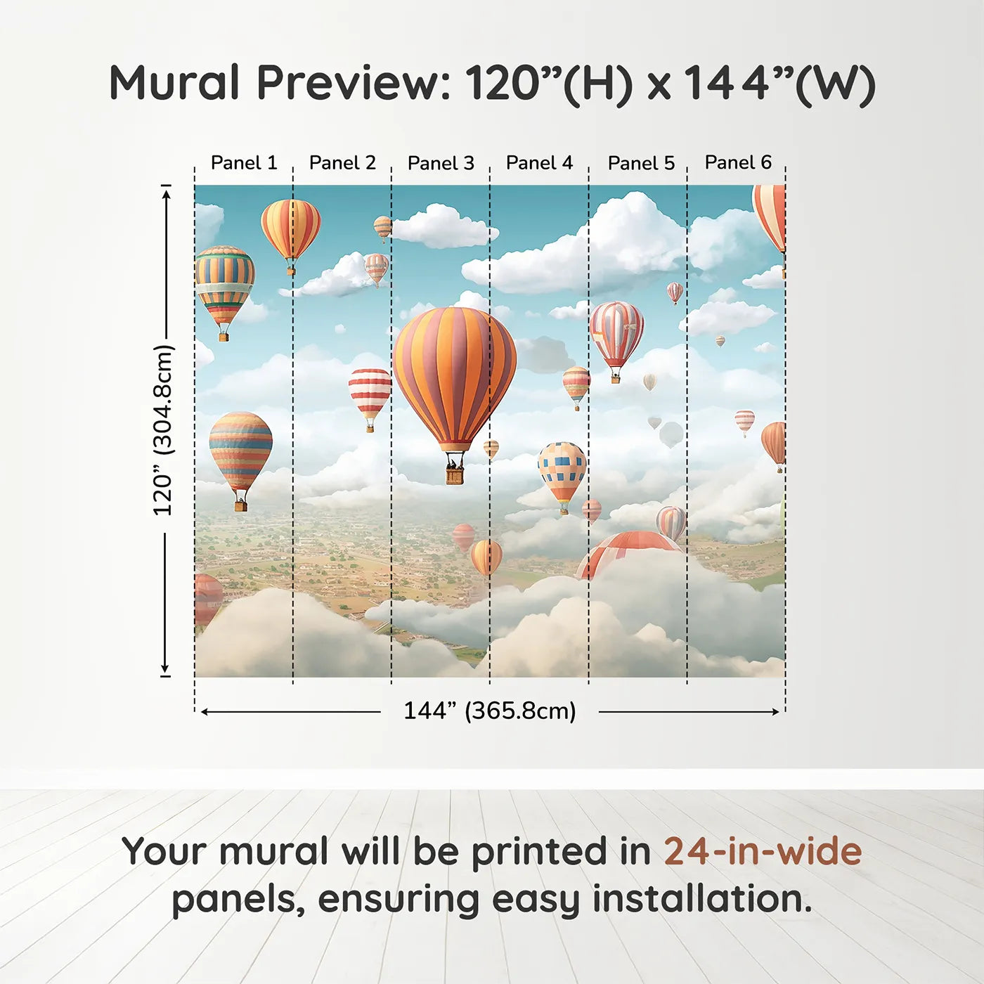 Whimsy Tots Hot Air Balloon Rally Wall Muraldimension view (120" H x 144" W). Printed in six 24-inch-wide panels. Gender-Neutral
