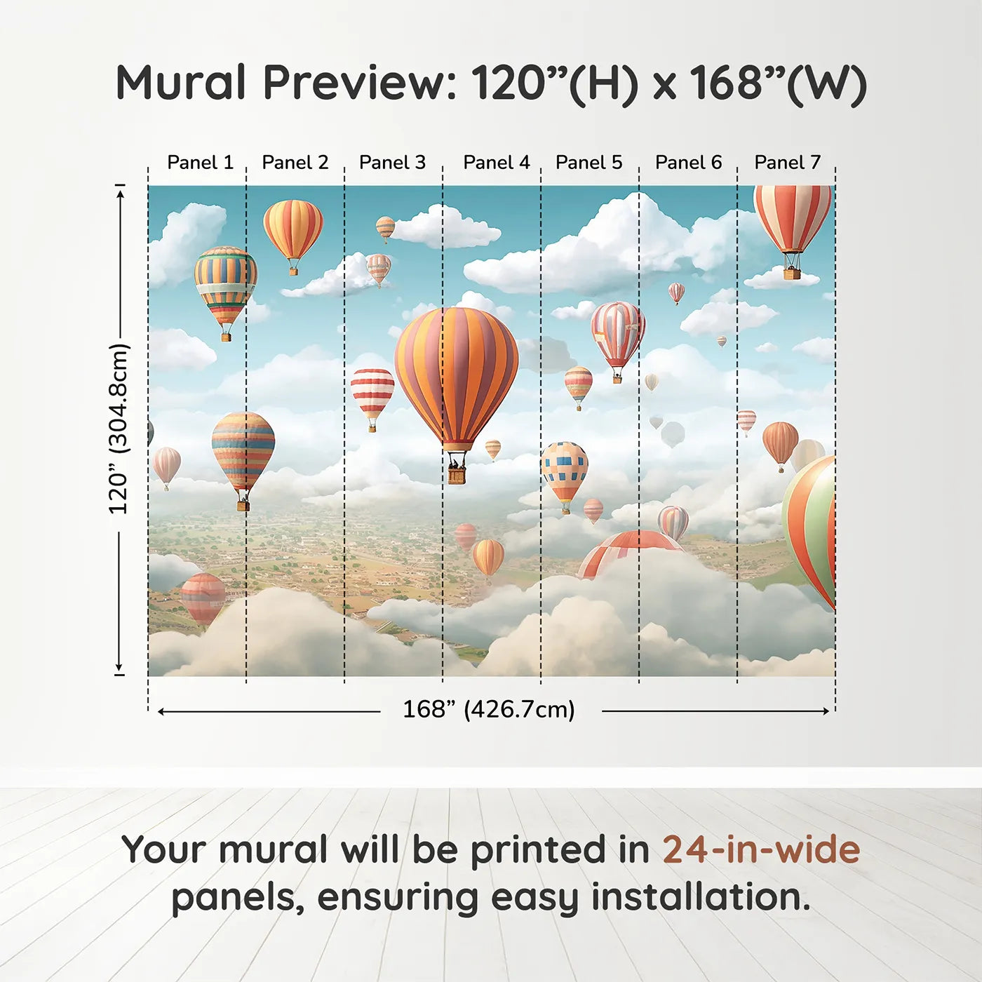 Whimsy Tots Hot Air Balloon Rally Wall Muraldimension view (120" H x 168" W). Printed in seven 24-inch-wide panels. Gender-Neutral
