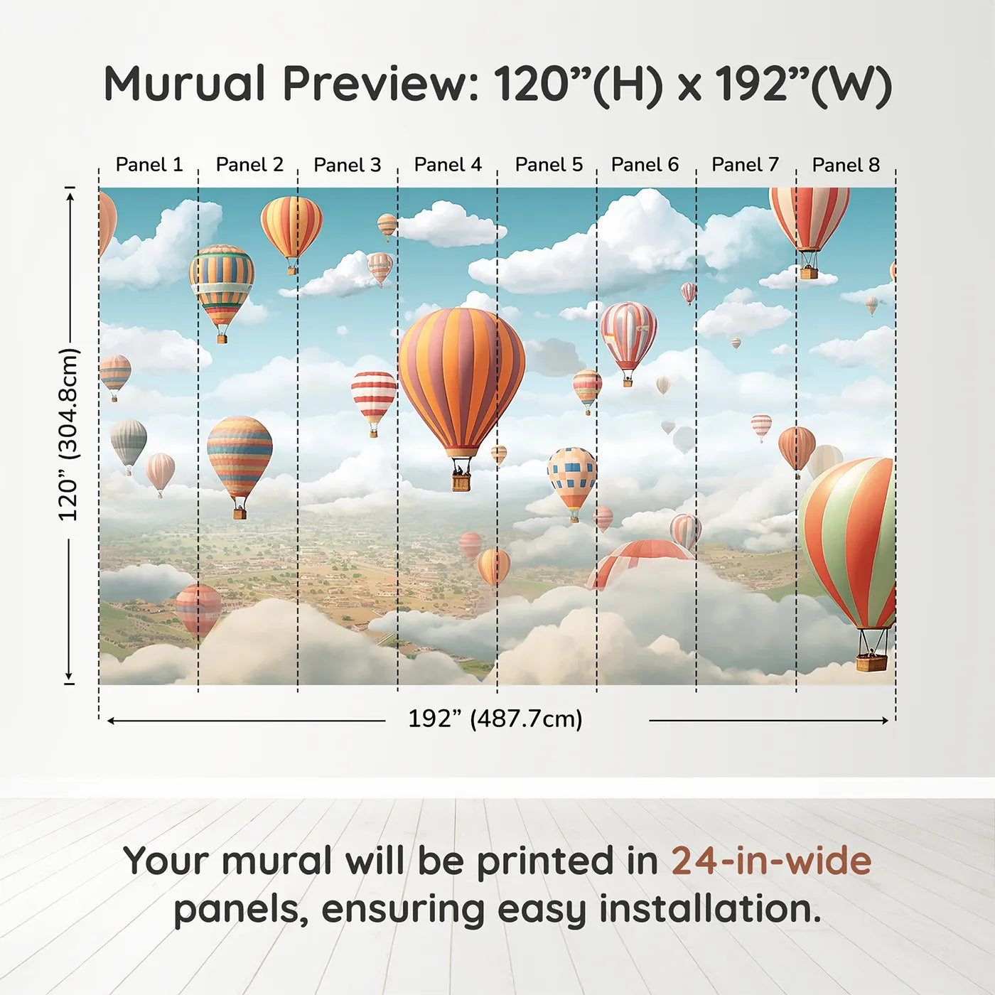 Whimsy Tots Hot Air Balloon Rally Wall Muraldimension view (120" H x 192" W). Printed in eight 24-inch-wide panels. Gender-Neutral