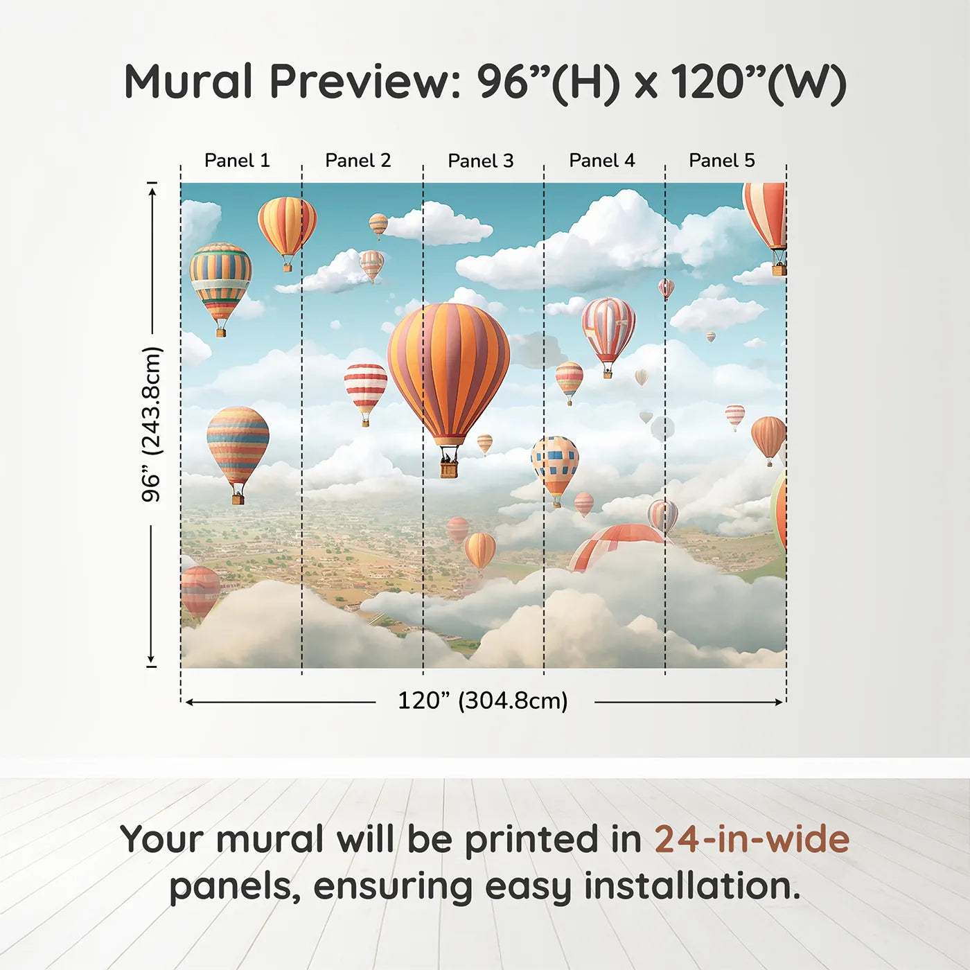 Whimsy Tots Hot Air Balloon Rally Wall Muraldimension view (96" H x 120" W). Printed in five 24-inch-wide panels. Gender-Neutral