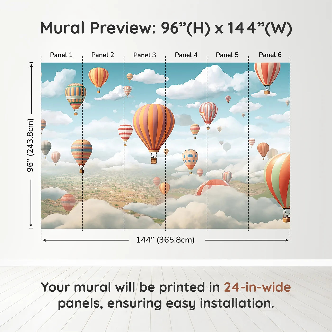 Whimsy Tots Hot Air Balloon Rally Wall Muraldimension view (96" H x 144" W). Printed in six 24-inch-wide panels. Gender-Neutral