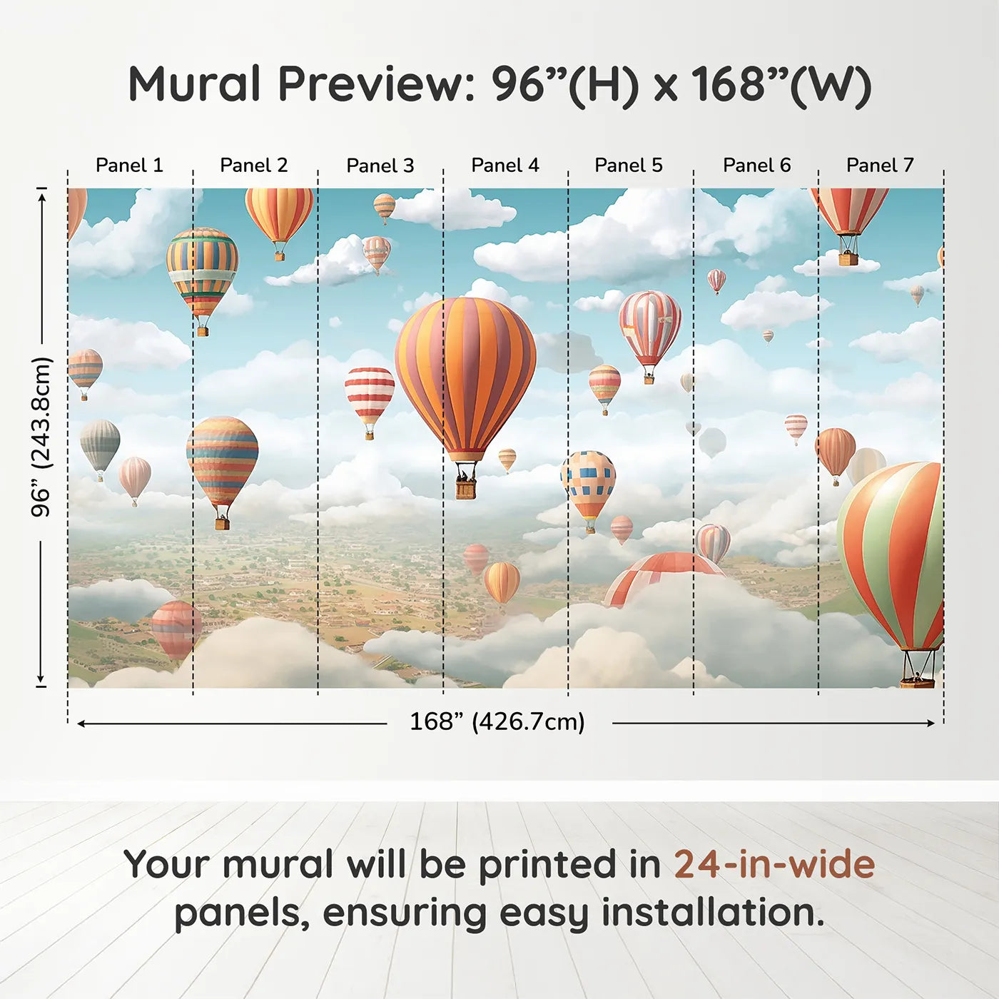 Whimsy Tots Hot Air Balloon Rally Wall Muraldimension view (96" H x 168" W). Printed in seven 24-inch-wide panels. Gender-Neutral