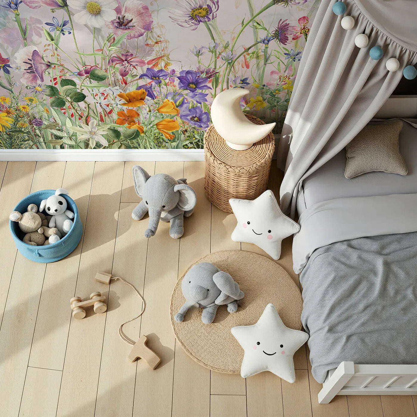 Top-down view of Whimsy Tots' Vintage Wildflower Meadow Wall Mural (Turn Their Room into a Field of Timeless, Painted Flowers).Gender-Neutral