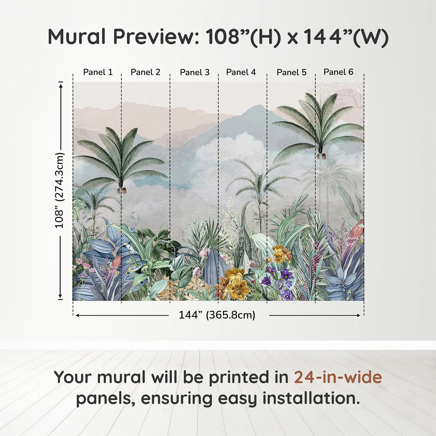 Whimsy Tots Misty Jungle Garden Wall Muraldimension view (108" H x 144" W). Printed in six 24-inch-wide panels. Gender-Neutral