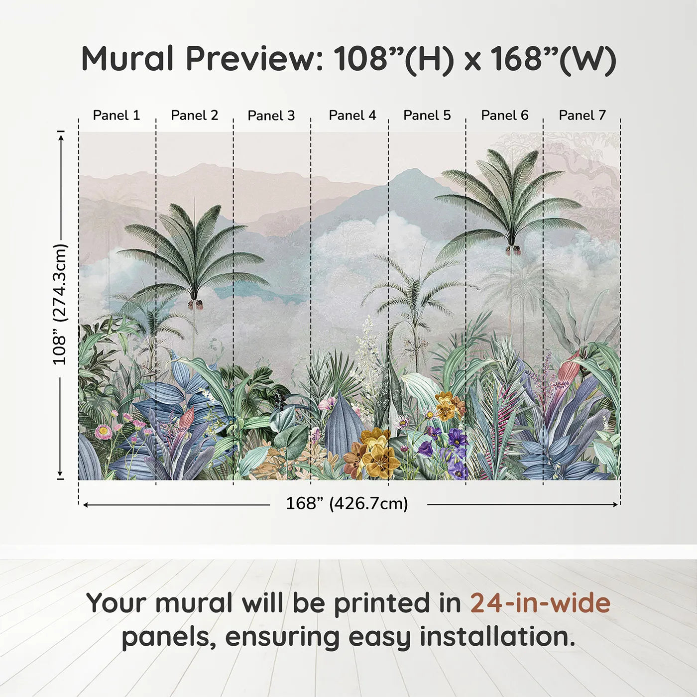 Whimsy Tots Misty Jungle Garden Wall Muraldimension view (108" H x 168" W). Printed in seven 24-inch-wide panels. Gender-Neutral