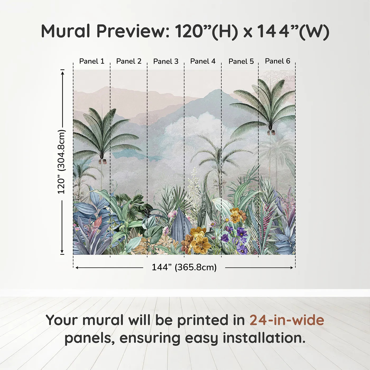 Whimsy Tots Misty Jungle Garden Wall Muraldimension view (120" H x 144" W). Printed in six 24-inch-wide panels. Gender-Neutral