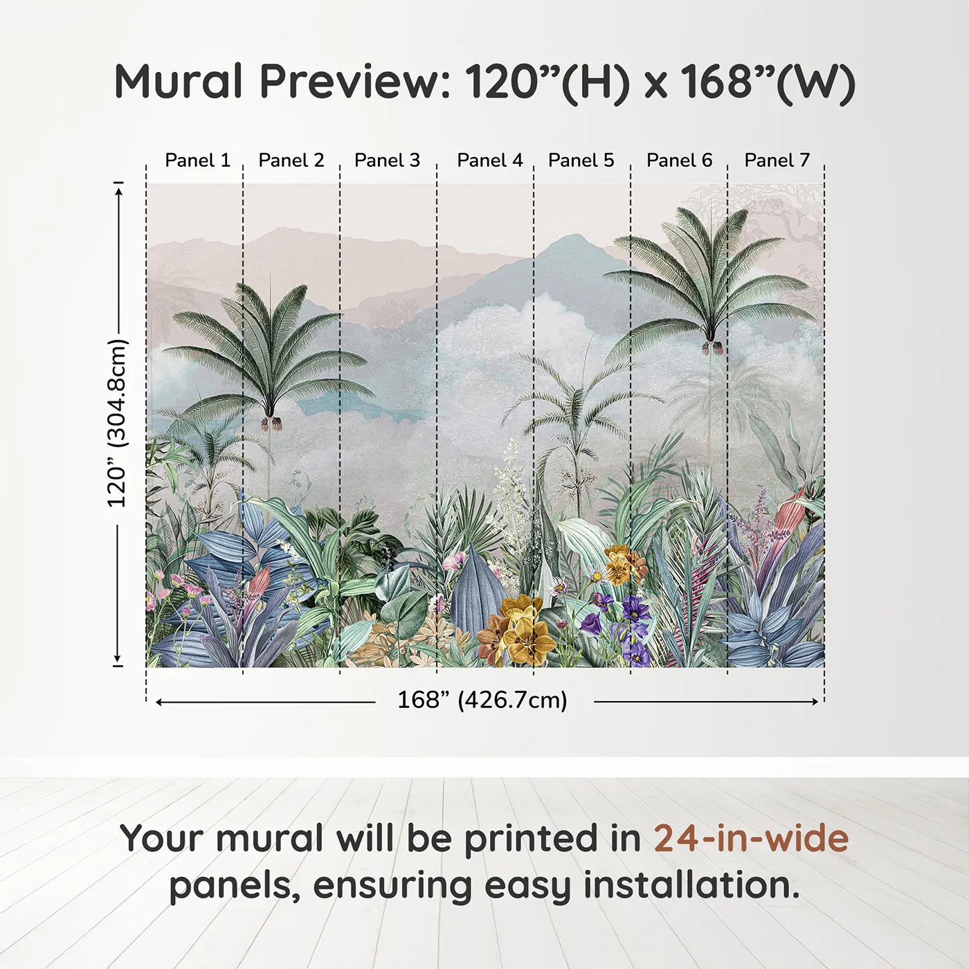 Whimsy Tots Misty Jungle Garden Wall Muraldimension view (120" H x 168" W). Printed in seven 24-inch-wide panels. Gender-Neutral