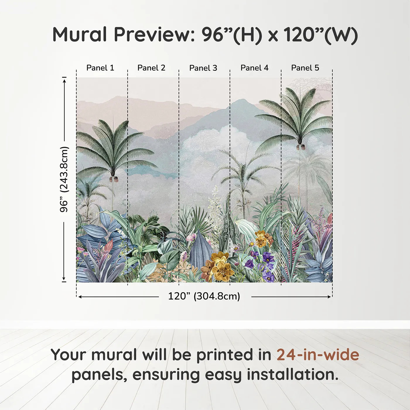 Whimsy Tots Misty Jungle Garden Wall Muraldimension view (96" H x 120" W). Printed in five 24-inch-wide panels. Gender-Neutral