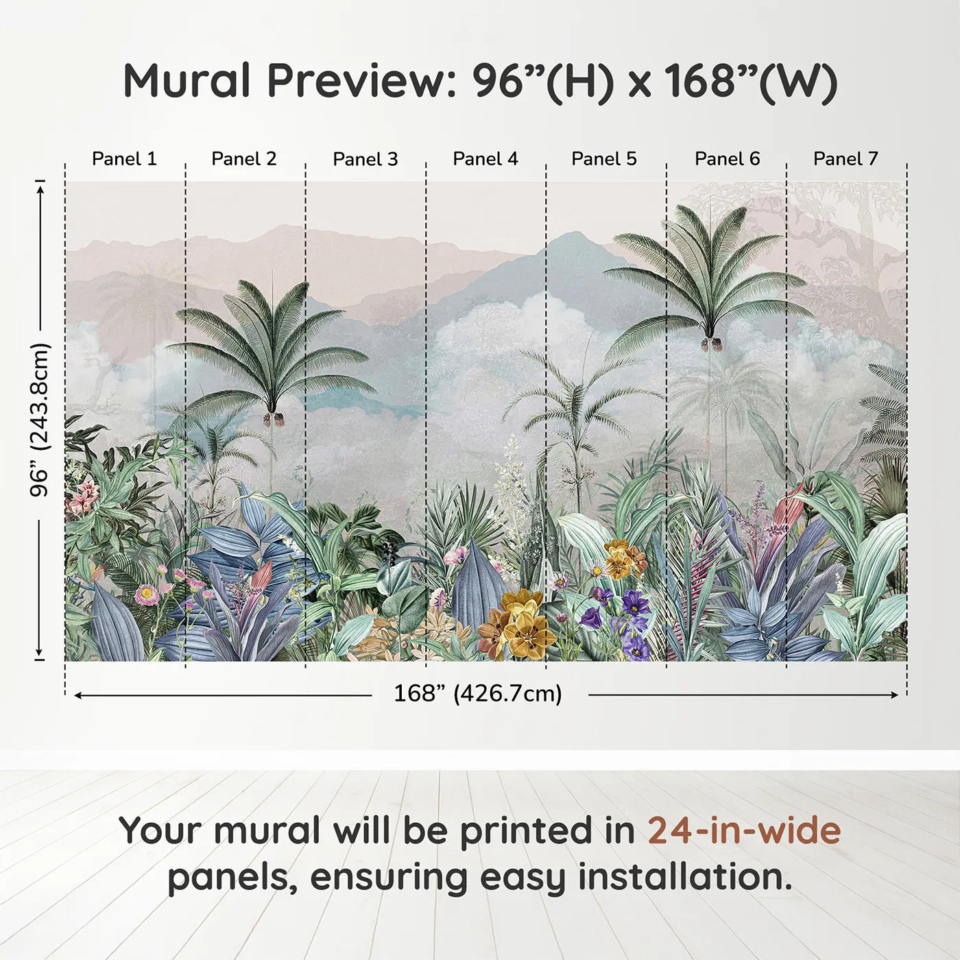 Whimsy Tots Misty Jungle Garden Wall Muraldimension view (96" H x 168" W). Printed in seven 24-inch-wide panels. Gender-Neutral