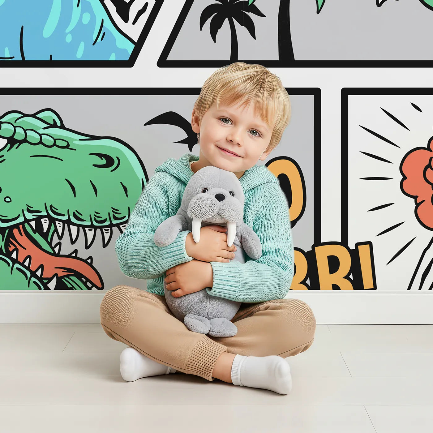 Child in front of Whimsy Tots Dinosaur Comic Strip Wall Mural with dinosaur, comic, t-rex, volcano, cartoon, colorful, action, prehistoric in design.