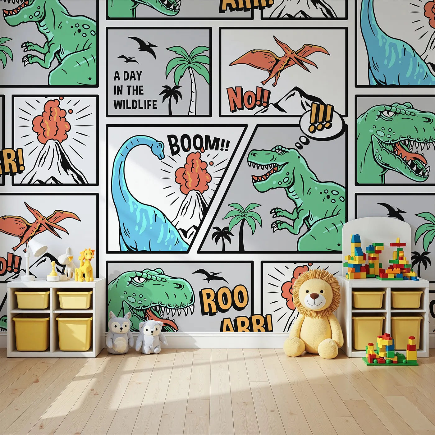 Angled view of Whimsy Tots' Dinosaur Comic Strip Wall Mural (Turn Their Room into a Roaring, Action-Packed Adventure).Best for Boys