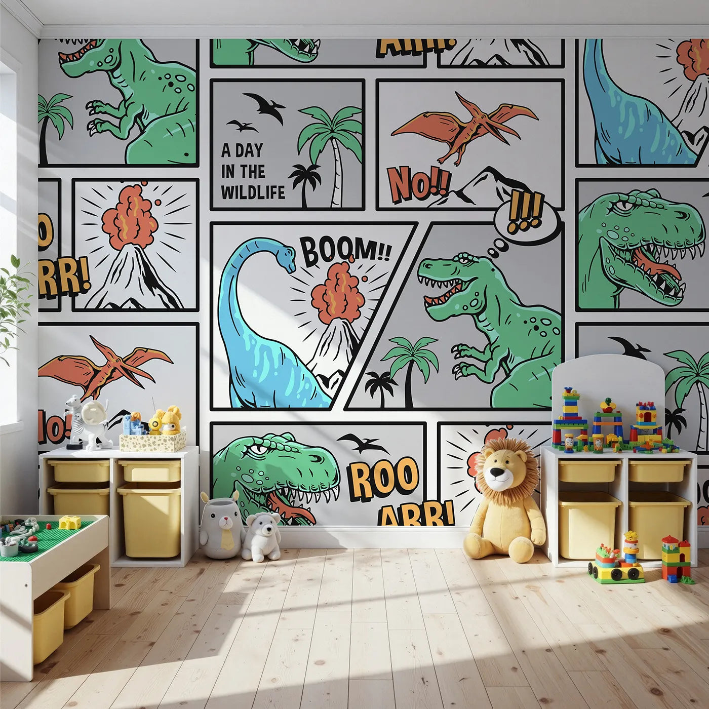 Front view of Whimsy Tots' Dinosaur Comic Strip Wall Mural
