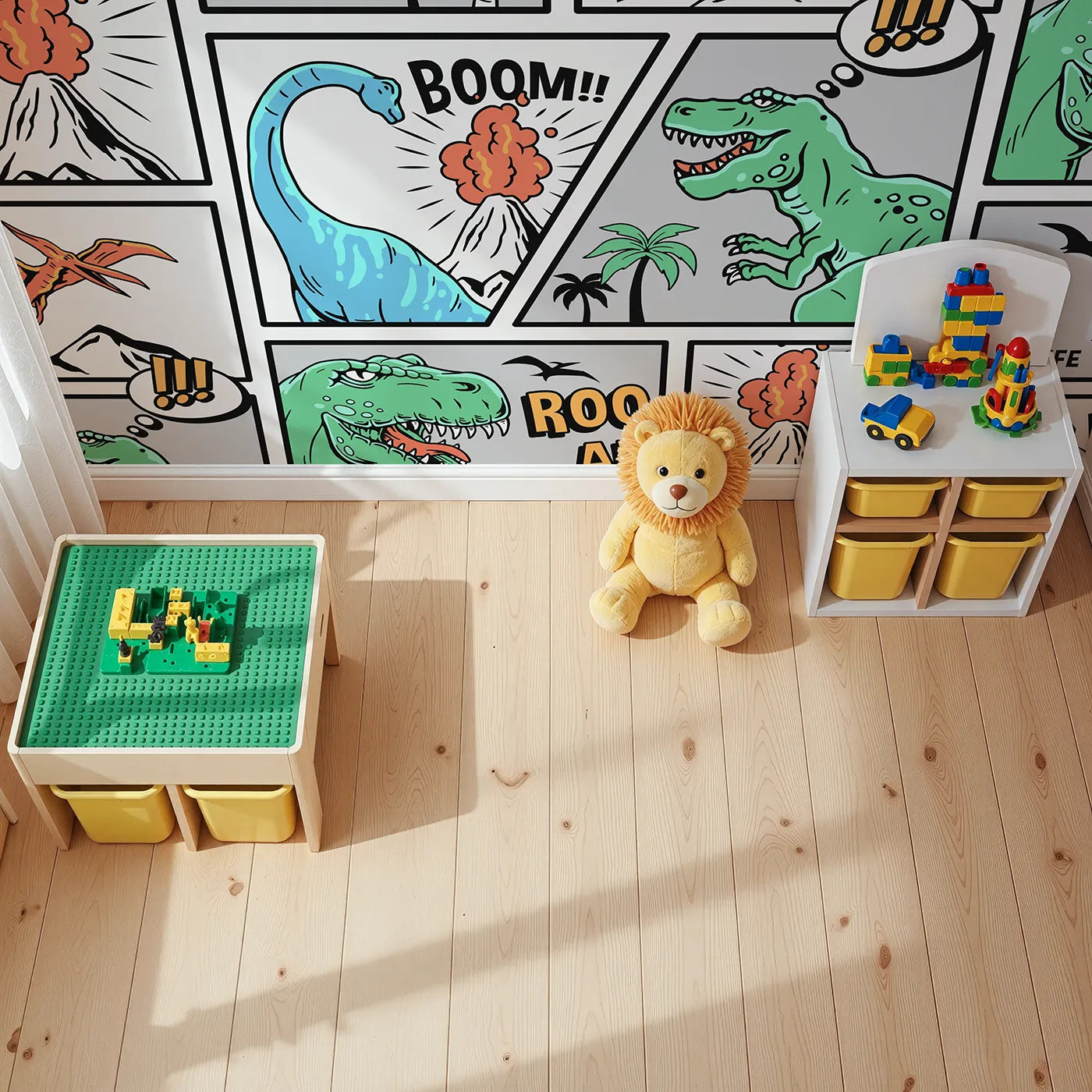 Top-down view of Whimsy Tots' Dinosaur Comic Strip Wall Mural (Turn Their Room into a Roaring, Action-Packed Adventure).Best for Boys