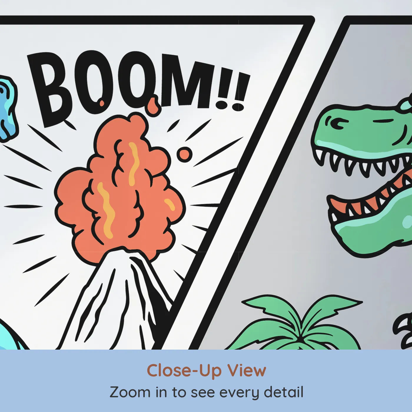 Close-up view of Whimsy Tots' Dinosaur Comic Strip Wall Mural (Turn Their Room into a Roaring, Action-Packed Adventure).Best for Boys