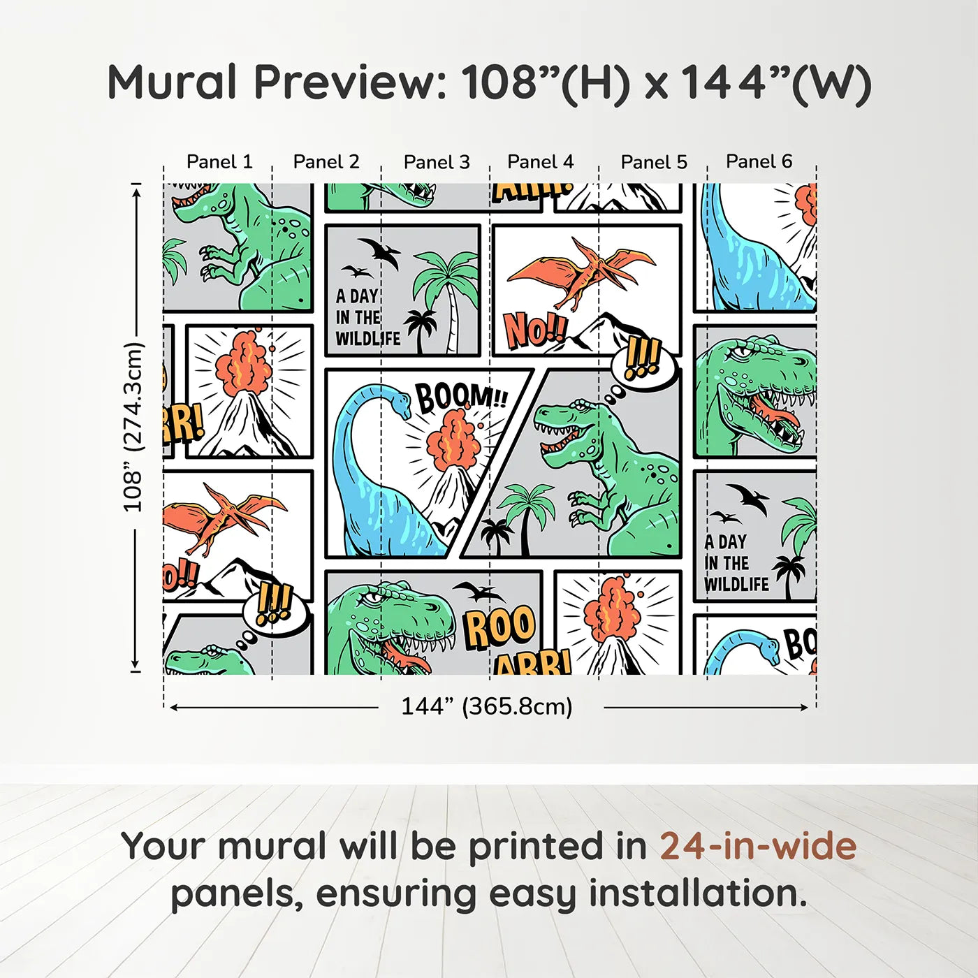 Whimsy Tots Dinosaur Comic Strip Wall Muraldimension view (108" H x 144" W). Printed in six 24-inch-wide panels. Best for Boys