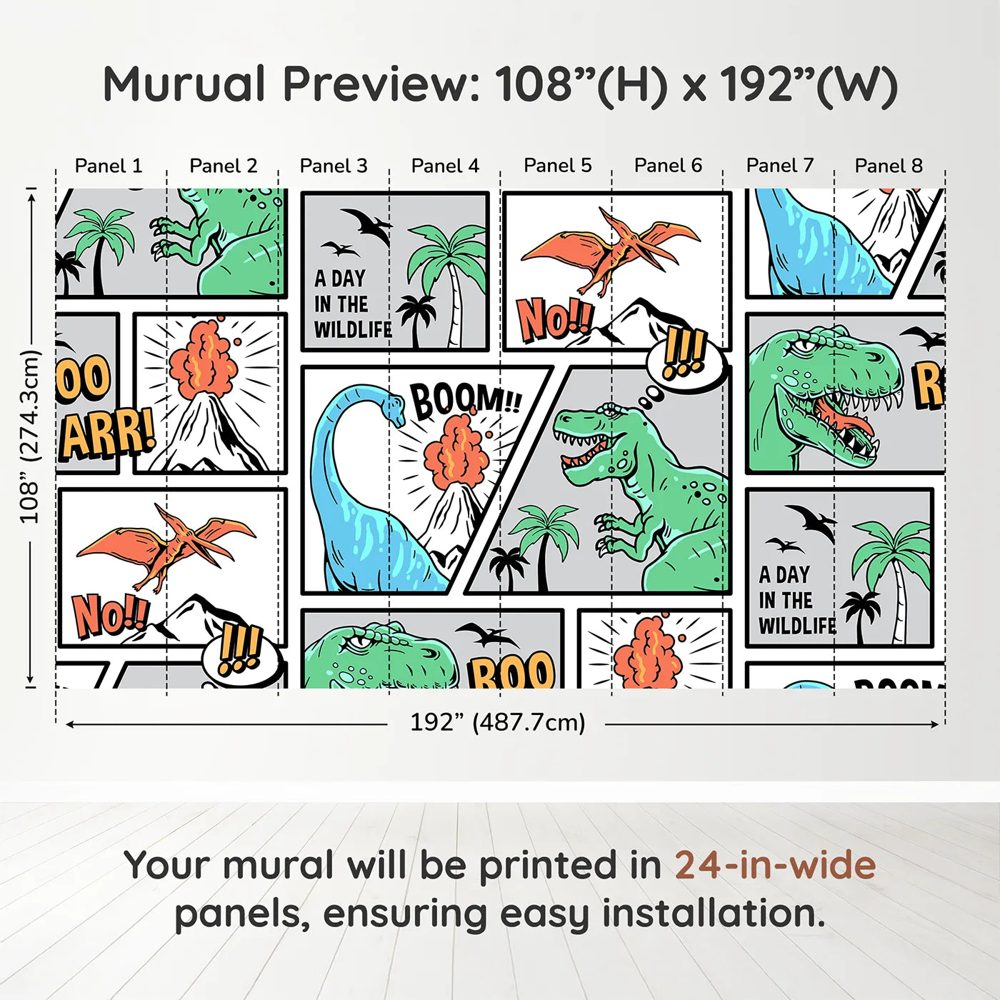 Whimsy Tots Dinosaur Comic Strip Wall Muraldimension view (108" H x 192" W). Printed in eight 24-inch-wide panels. Best for Boys