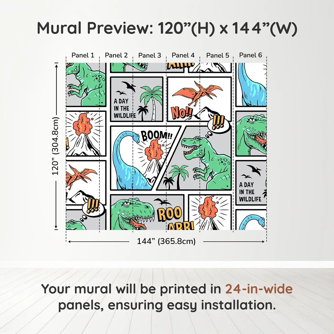 Whimsy Tots Dinosaur Comic Strip Wall Muraldimension view (120" H x 144" W). Printed in six 24-inch-wide panels. Best for Boys