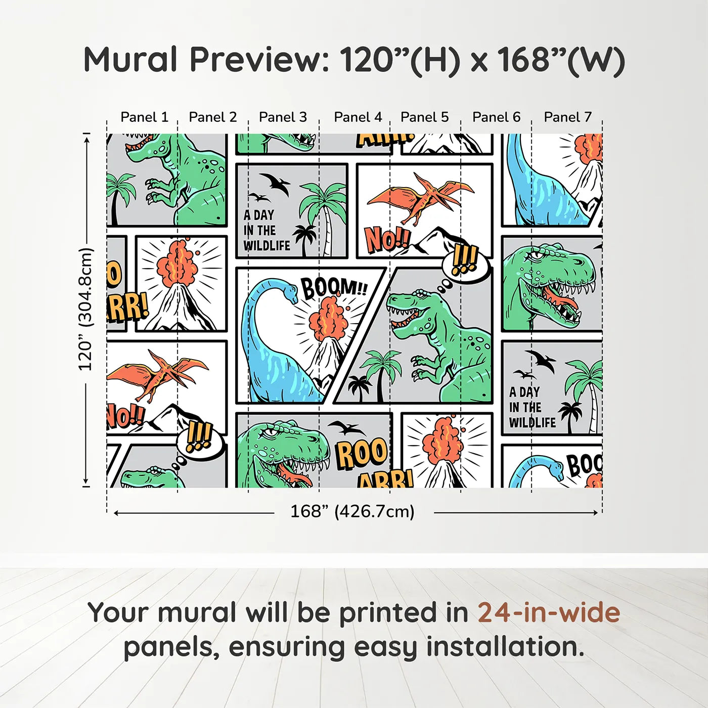 Whimsy Tots Dinosaur Comic Strip Wall Muraldimension view (120" H x 168" W). Printed in seven 24-inch-wide panels. Best for Boys