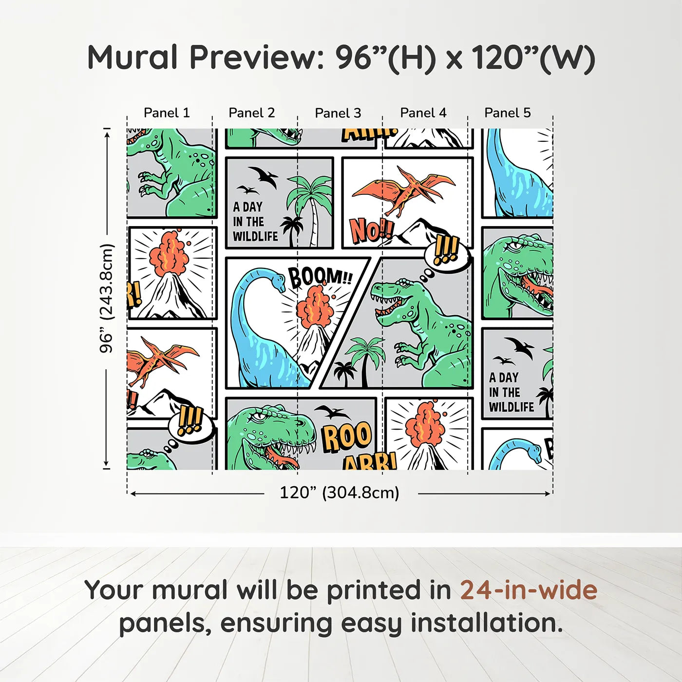 Whimsy Tots Dinosaur Comic Strip Wall Muraldimension view (96" H x 120" W). Printed in five 24-inch-wide panels. Best for Boys