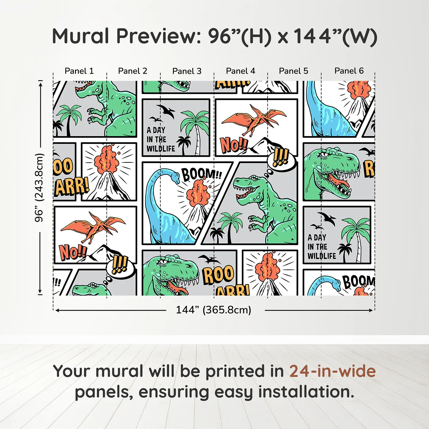 Whimsy Tots Dinosaur Comic Strip Wall Muraldimension view (96" H x 144" W). Printed in six 24-inch-wide panels. Best for Boys