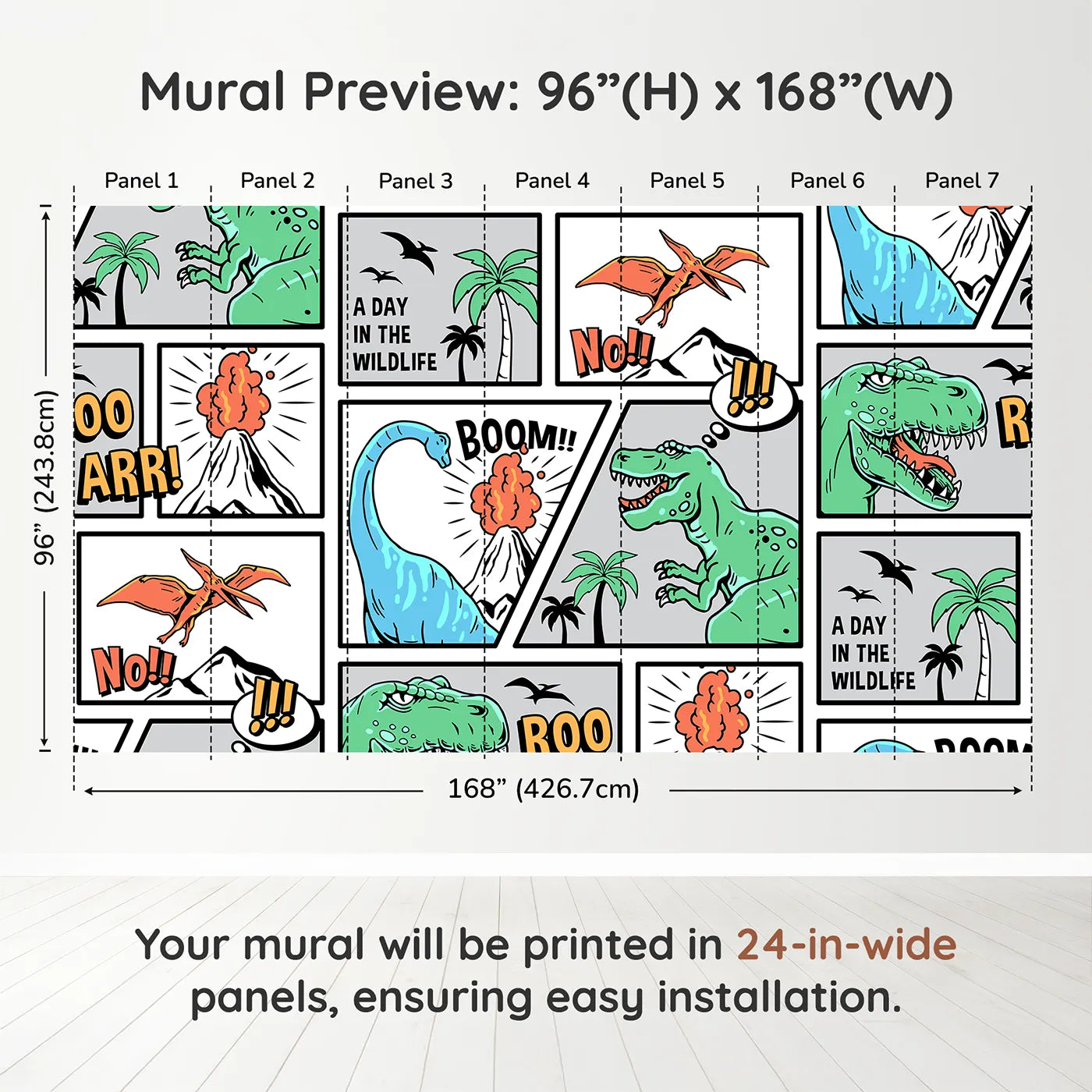Whimsy Tots Dinosaur Comic Strip Wall Muraldimension view (96" H x 168" W). Printed in seven 24-inch-wide panels. Best for Boys