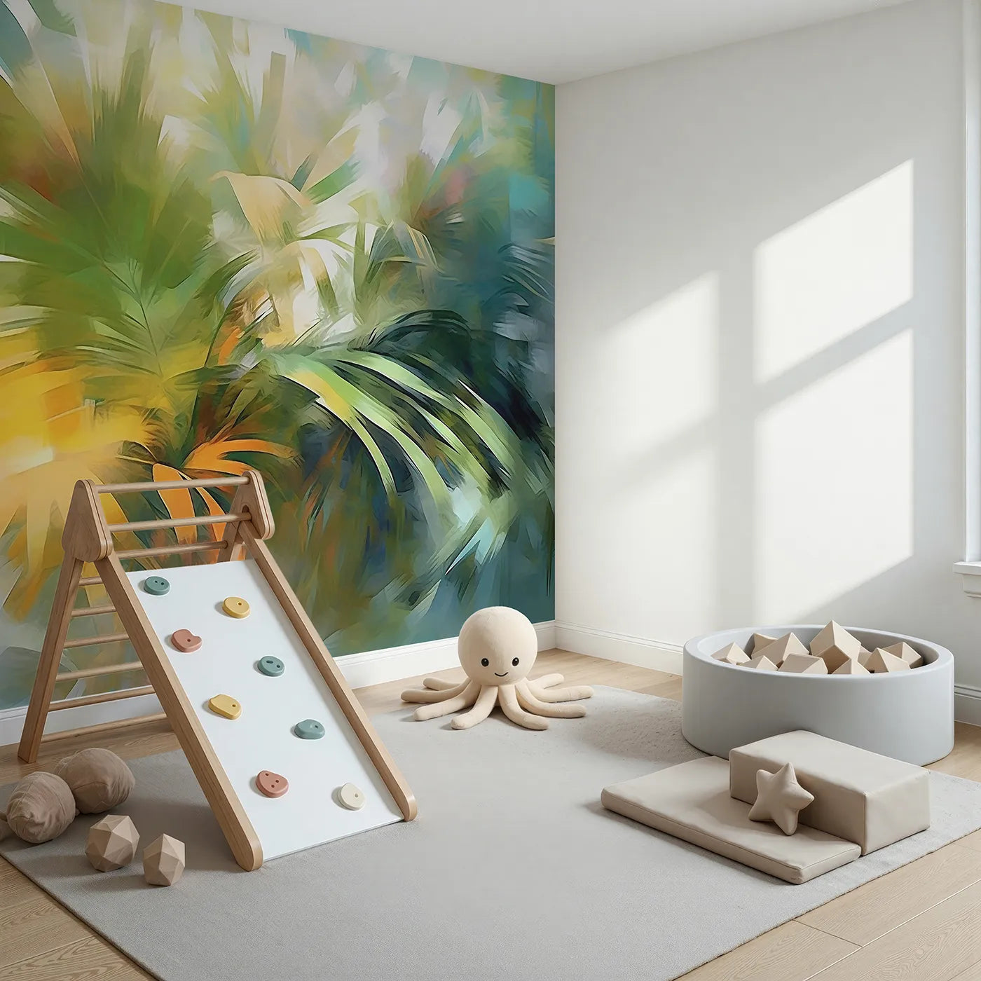 Angled view of Whimsy Tots' Abstract Palm Painting Wall Mural (Turn Their Room into a Vibrant, Tropical Work of Art).Gender-Neutral