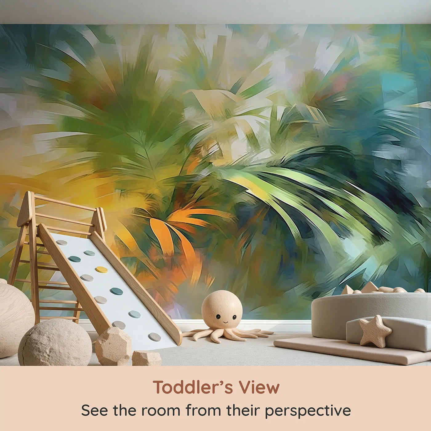 Whimsy Tots Abstract Palm Painting Wall Mural (Turn Their Room into a Vibrant, Tropical Work of Art) from your child's view.Gender-Neutral