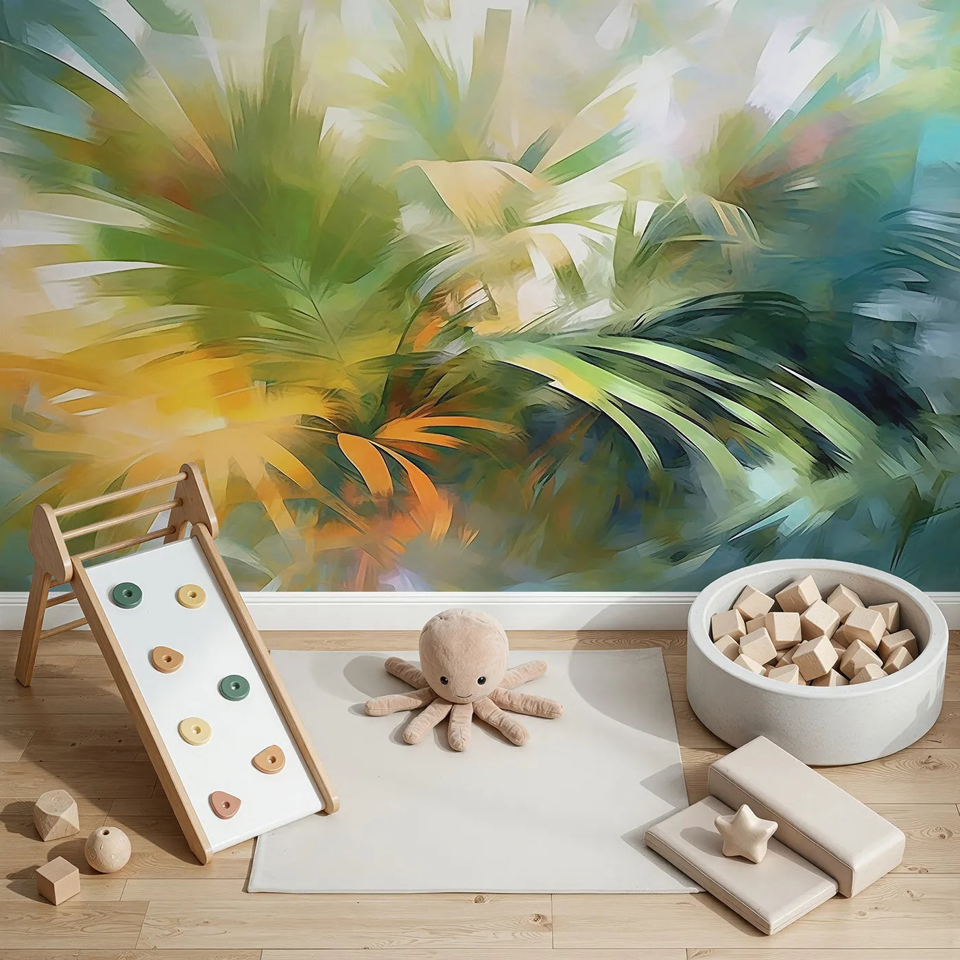 Top-down view of Whimsy Tots' Abstract Palm Painting Wall Mural (Turn Their Room into a Vibrant, Tropical Work of Art).Gender-Neutral