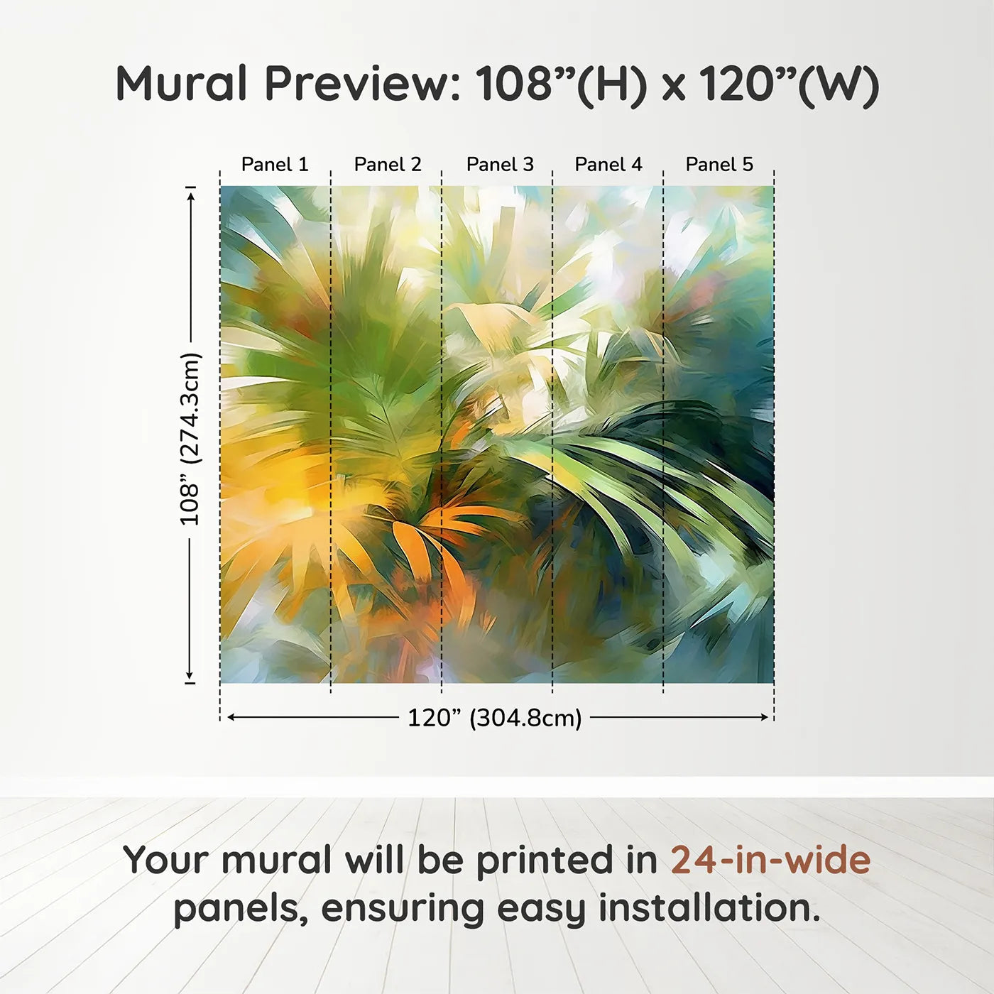 Whimsy Tots Abstract Palm Painting Wall Muraldimension view (108" H x 120" W). Printed in five 24-inch-wide panels. Gender-Neutral