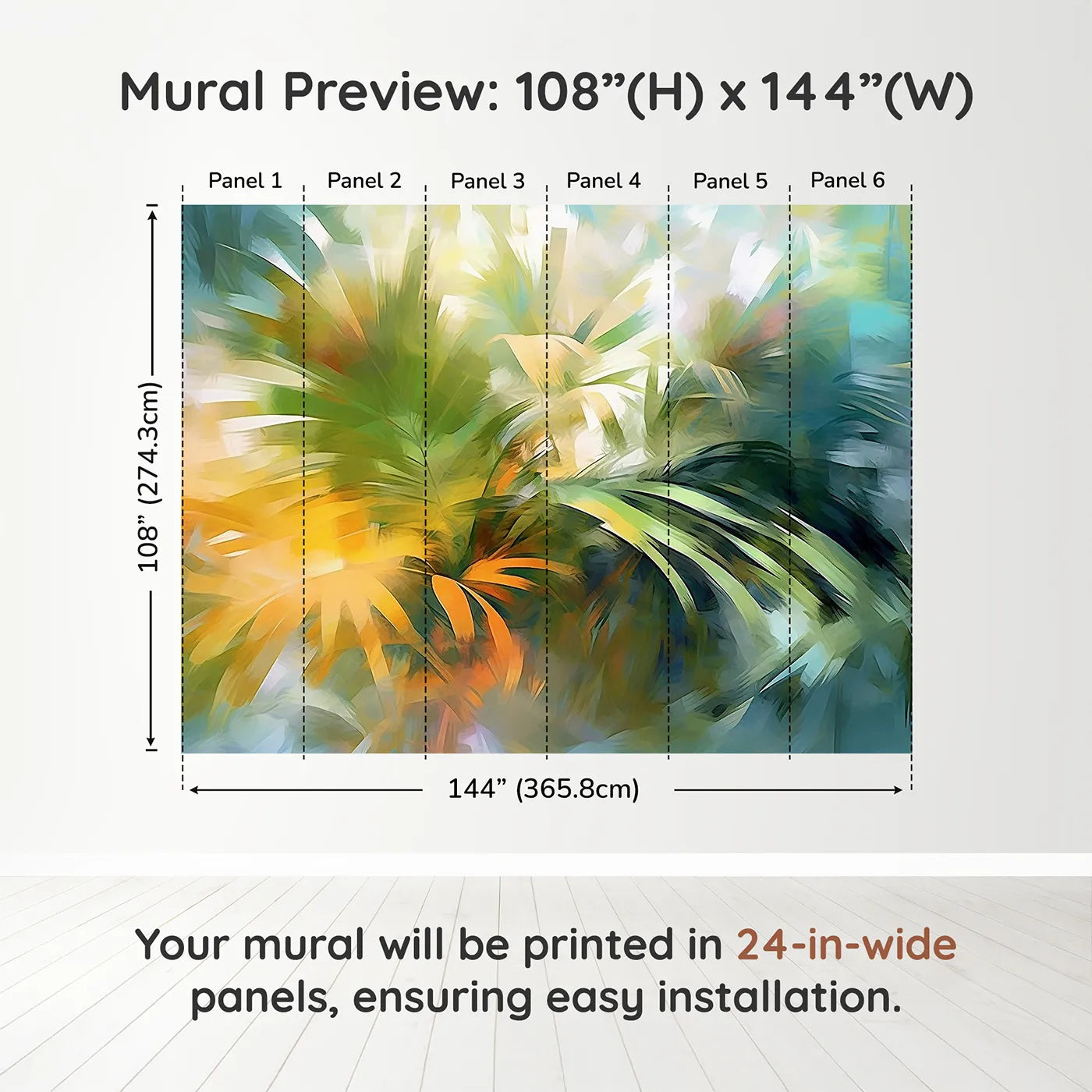 Whimsy Tots Abstract Palm Painting Wall Muraldimension view (108" H x 144" W). Printed in six 24-inch-wide panels. Gender-Neutral